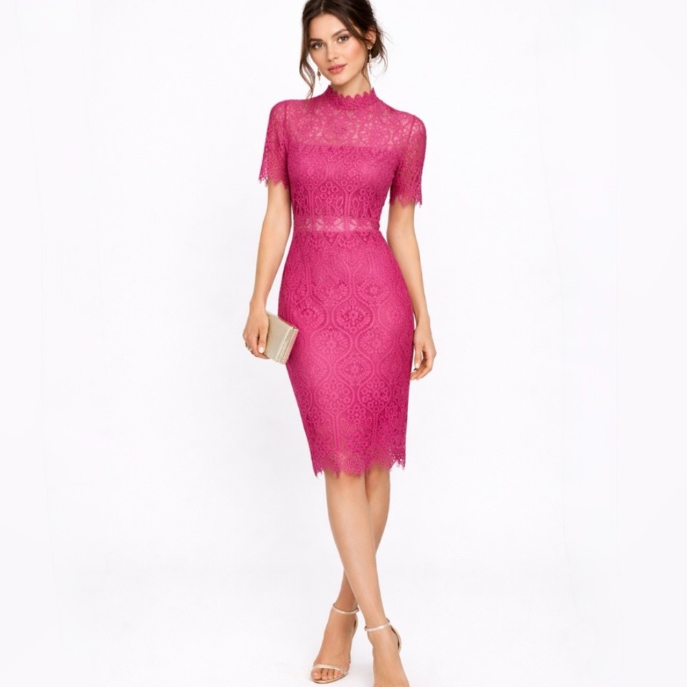 Lulus Remarkable Lace Dress Raspberry Pink Short Sleeve High Neck Sz M💚